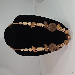 Vintage Chunky Wooden Bead & Hand Carved African Animal Statement Necklace